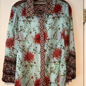 Floral Button-Up Shirt with Red and Blue Accents